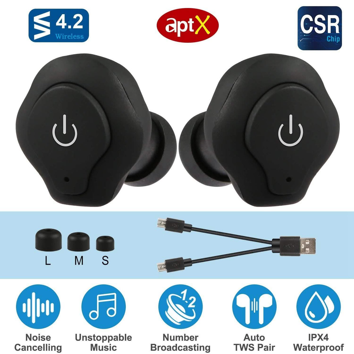 True Wireless Earbuds CSR v4.2 In-Ear Stereo Headsets In-Ear Headphones - Tophatter Daily Deals