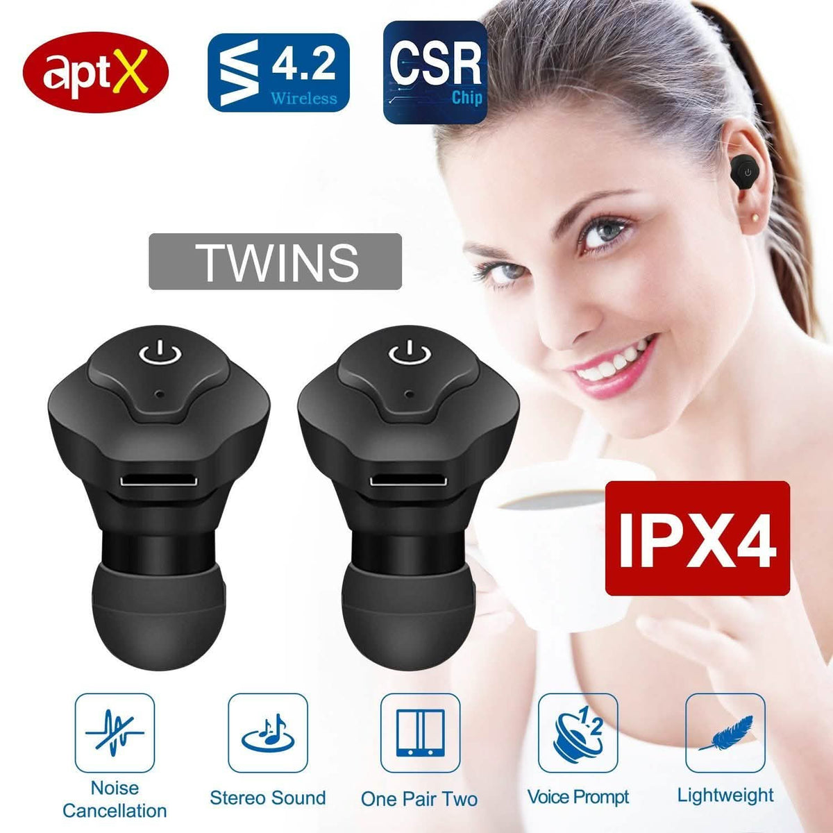 True Wireless Earbuds CSR v4.2 In-Ear Stereo Headsets In-Ear Headphones - Tophatter Daily Deals