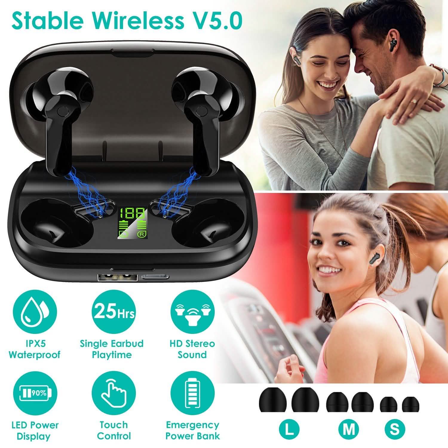 True Wireless V5.0 Earbuds IPX 5 Water Resistant Headphones - Tophatter Daily Deals