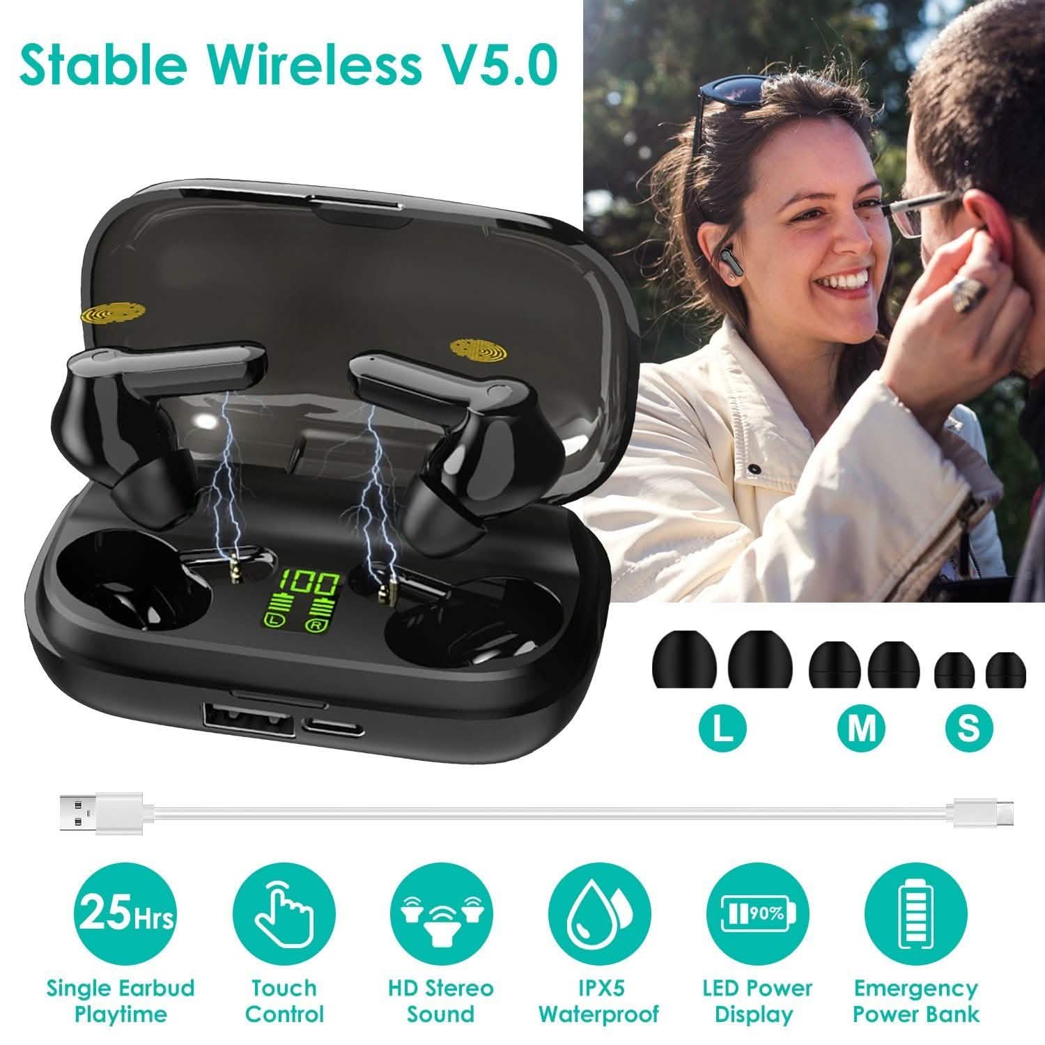 True Wireless V5.0 Earbuds IPX 5 Water Resistant Headphones - Tophatter Daily Deals