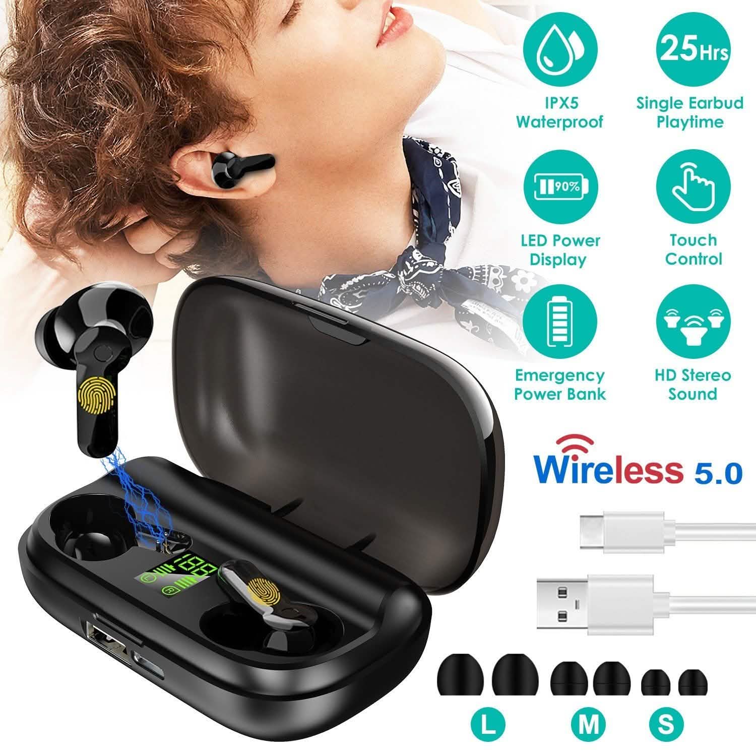 True Wireless V5.0 Earbuds IPX 5 Water Resistant Headphones - Tophatter Daily Deals