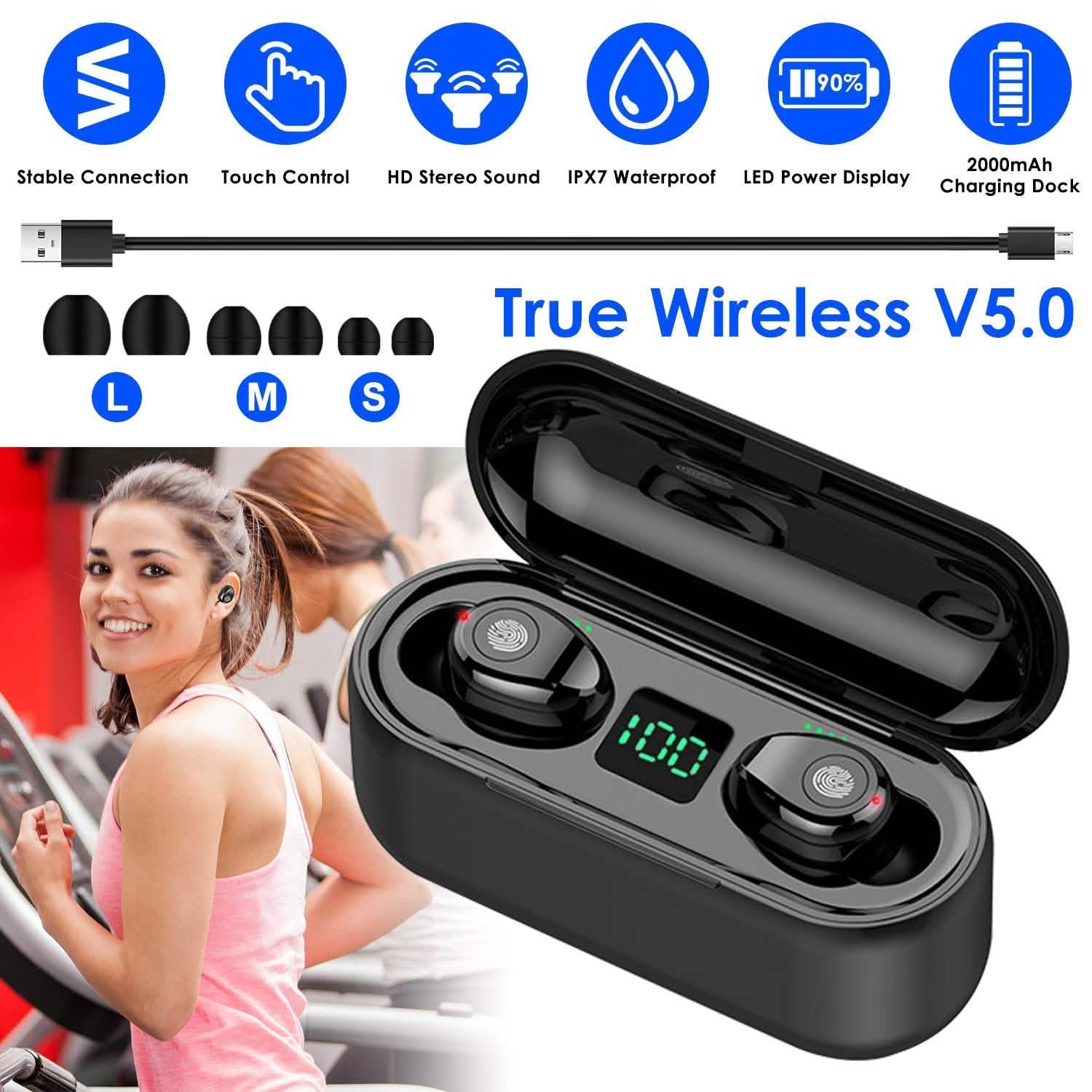 True Wireless V5.0 Earbuds with LED Display Magnetic Charging Dock Headphones - Tophatter Daily Deals