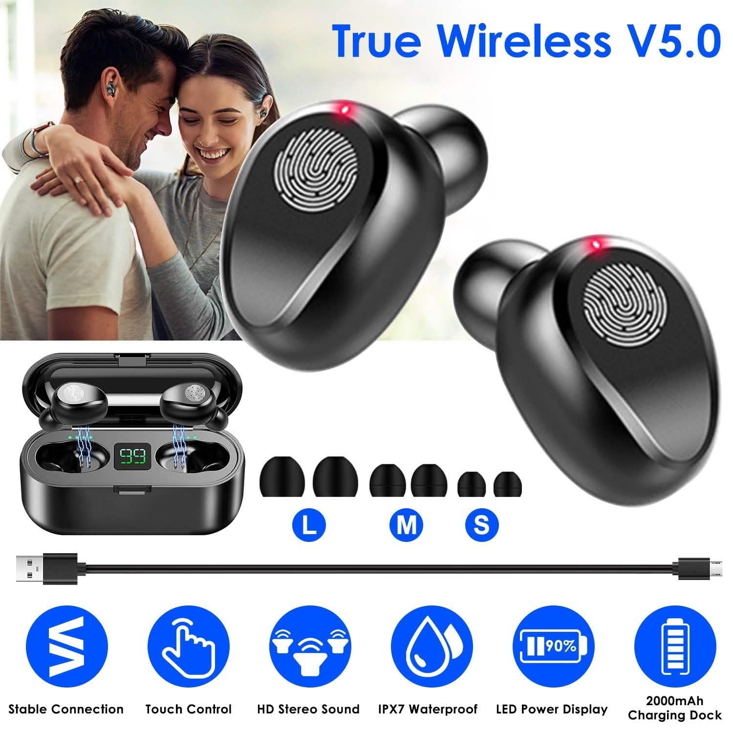 True Wireless V5.0 Earbuds with LED Display Magnetic Charging Dock Headphones - Tophatter Daily Deals