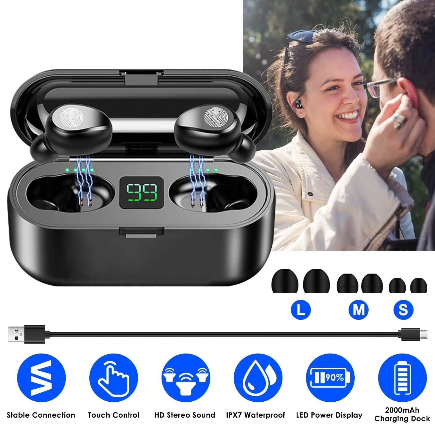 True Wireless V5.0 Earbuds with LED Display Magnetic Charging Dock Headphones - Tophatter Daily Deals