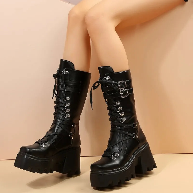 Fashion Mid Tube Boots Lace Up High Platform Wedge Boots Boots - Tophatter Daily Deals