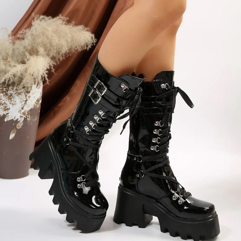 Fashion Mid Tube Boots Lace Up High Platform Wedge Boots Boots - Tophatter Daily Deals