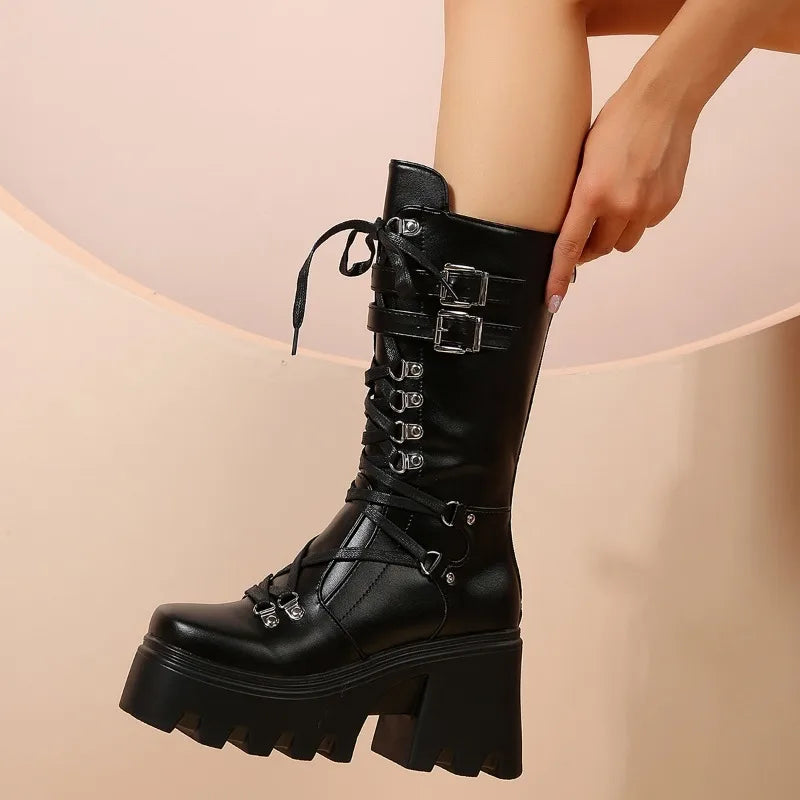 Fashion Mid Tube Boots Lace Up High Platform Wedge Boots Boots - Tophatter Daily Deals