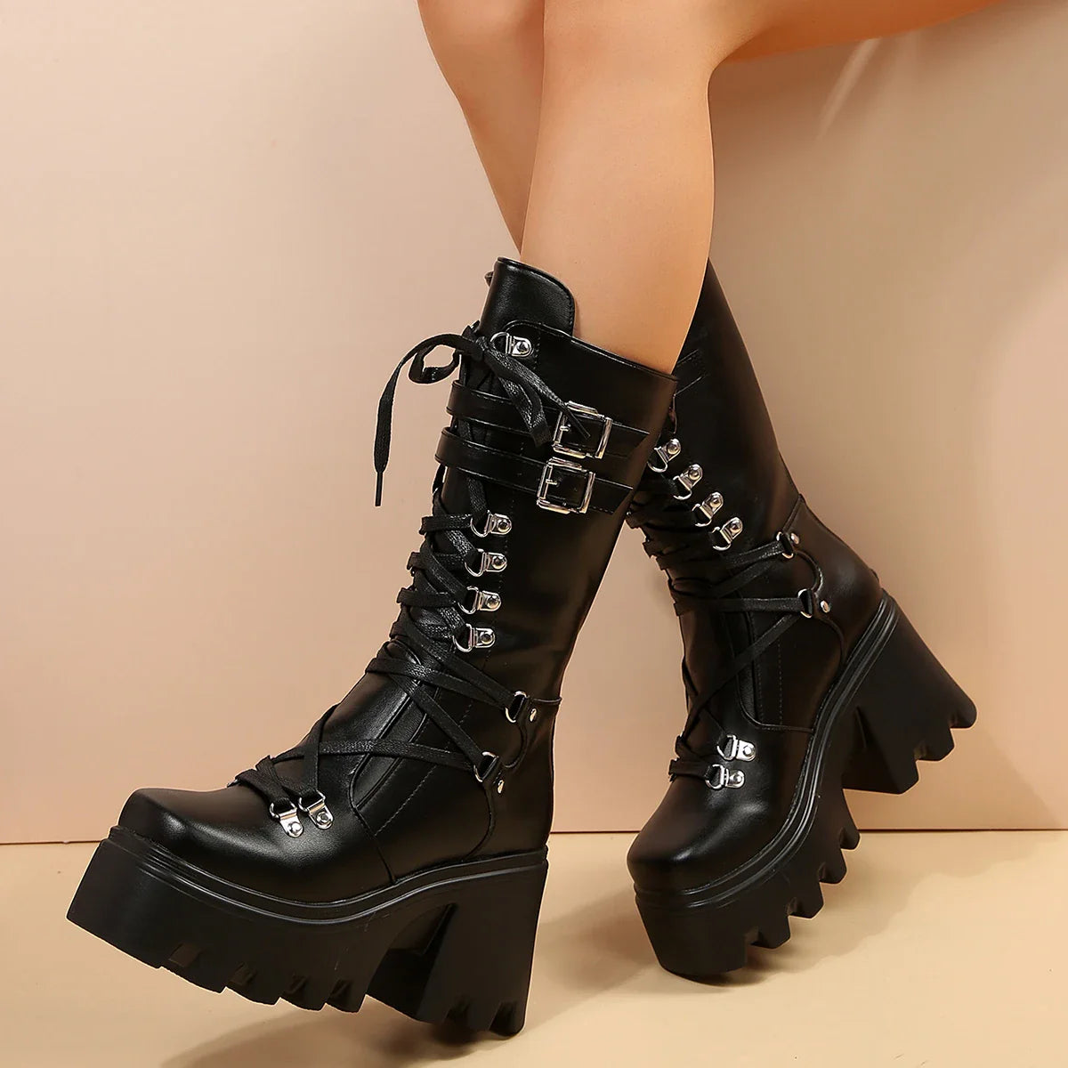 Fashion Mid Tube Boots Lace Up High Platform Wedge Boots Black Matte Boots - Tophatter Daily Deals