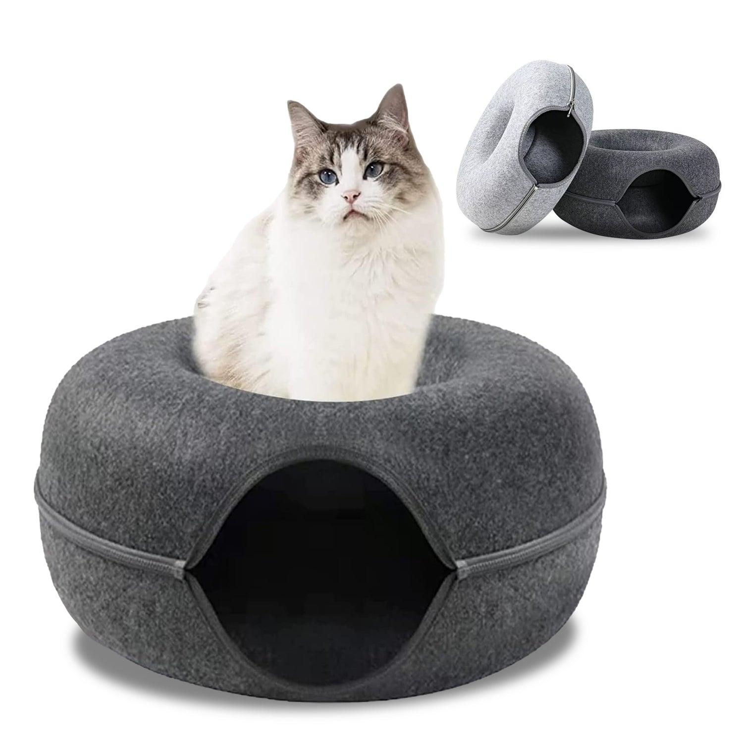Cat Tunnel Bed - Natural Felt Pet Cat Cave Nest Round House Donut Interactive Toy Pet Products - Tophatter Daily Deals
