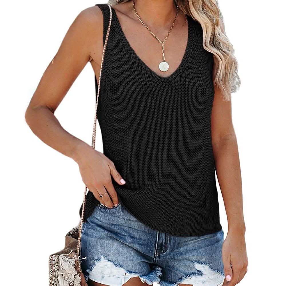 Tutorutor Women's Sleeveless V Neck Sweater Black Women's Tops - Tophatter Daily Deals