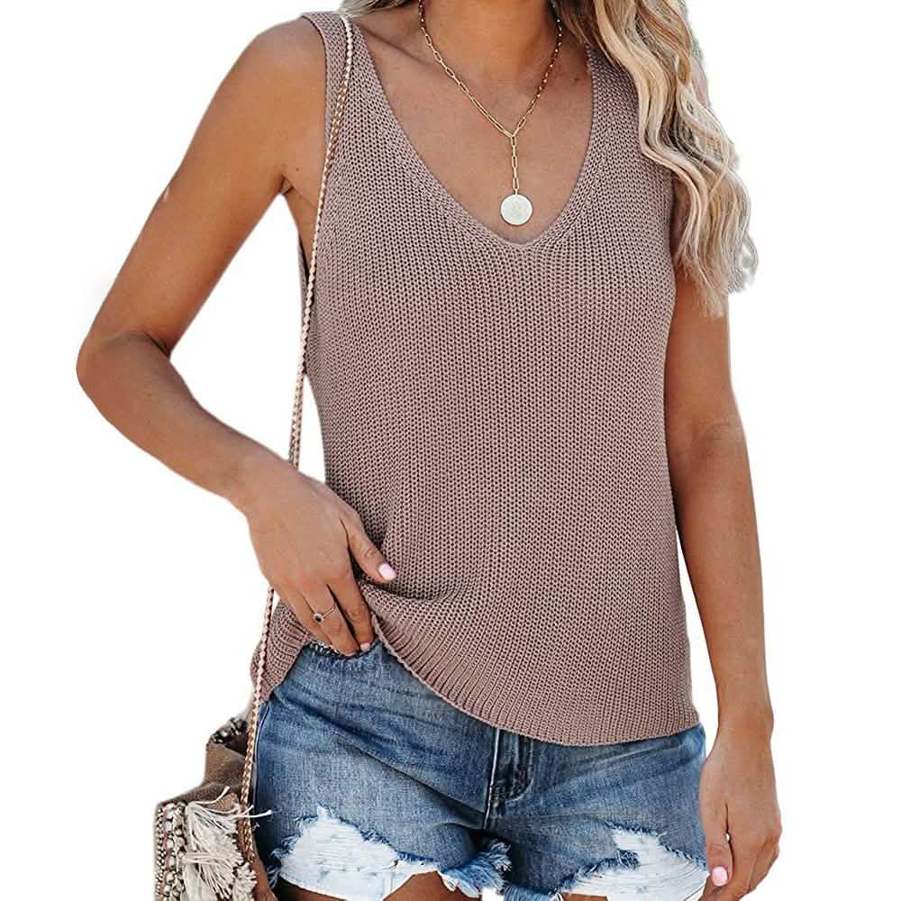 Tutorutor Women's Sleeveless V Neck Sweater Khaki Women's Tops - Tophatter Daily Deals