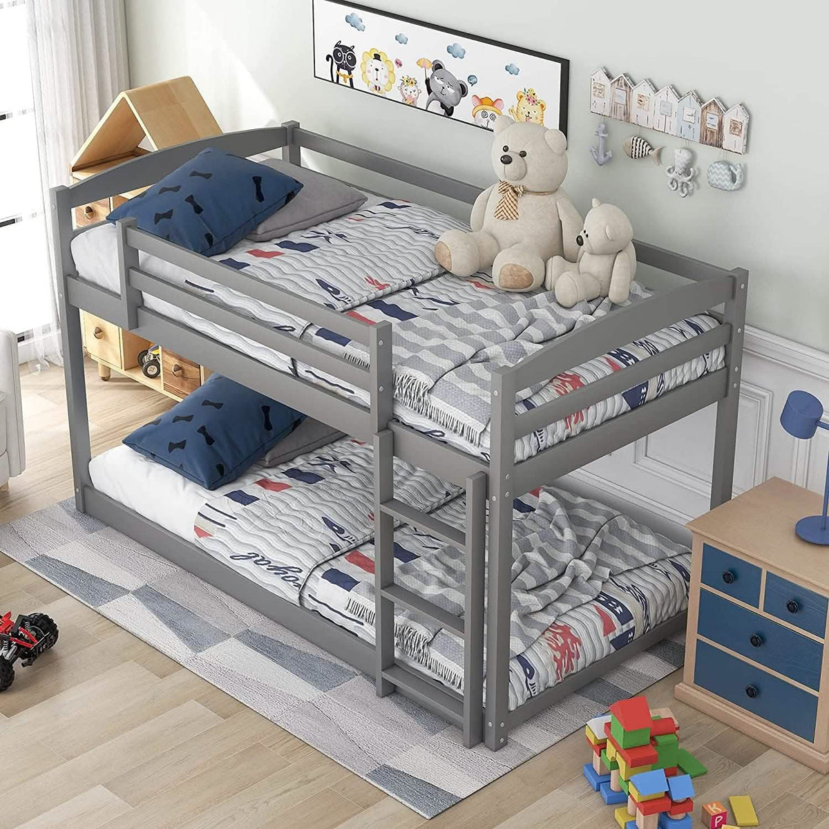 Twin Over Twin Floor Bunk Bed with Ladder Furniture & Decor - Tophatter Daily Deals