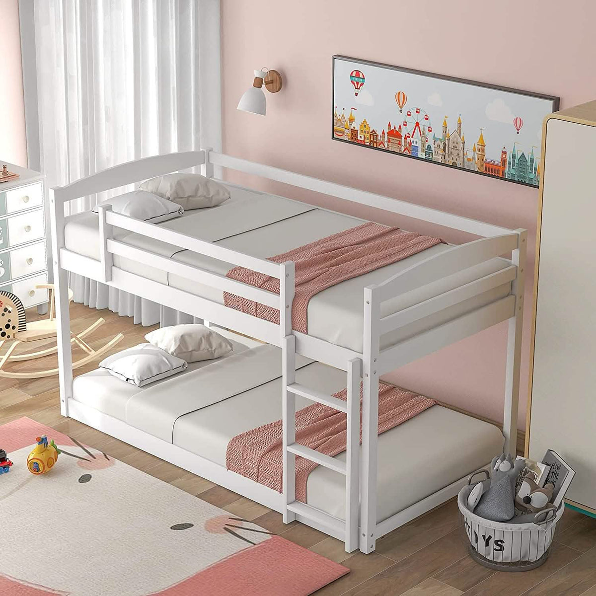 Twin Over Twin Floor Bunk Bed with Ladder Furniture & Decor - Tophatter Daily Deals
