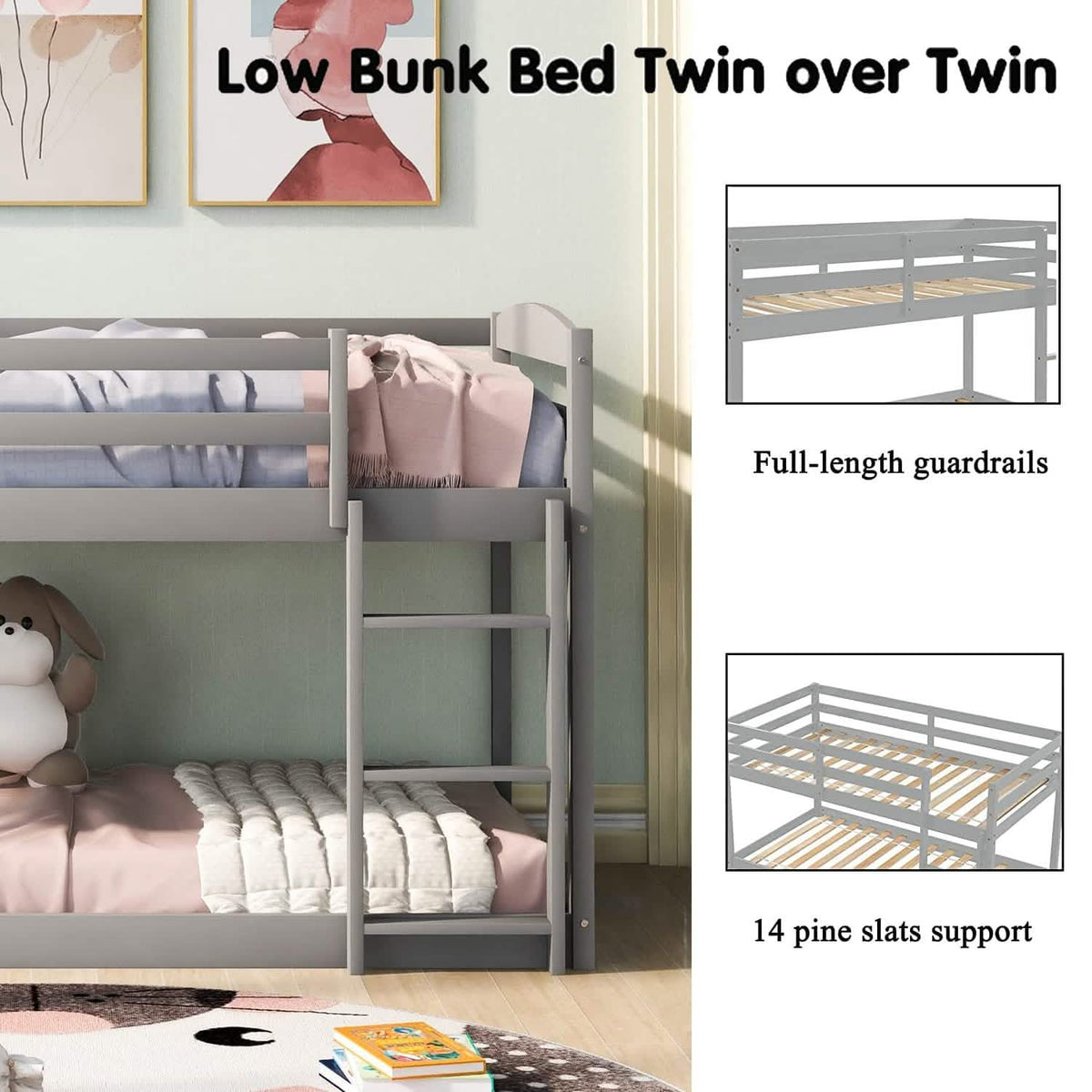 Twin Over Twin Floor Bunk Bed with Ladder Furniture & Decor - Tophatter Daily Deals