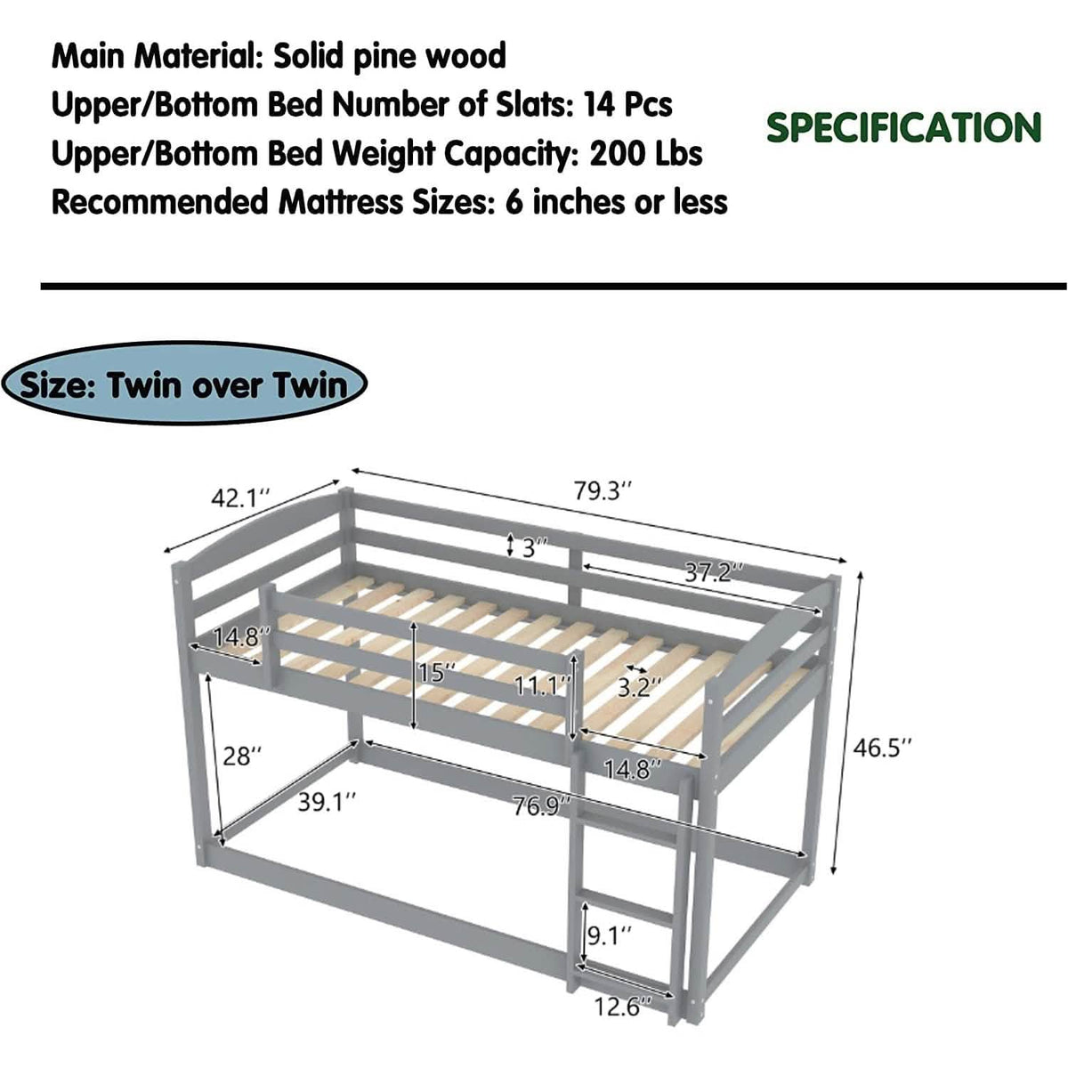 Twin Over Twin Floor Bunk Bed with Ladder Furniture & Decor - Tophatter Daily Deals