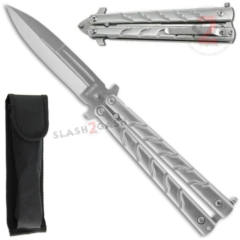 Twist Butterfly Knife w/ Clip - Silver Spear Point Silver w Clip Knife-Balisong - Tophatter Daily Deals