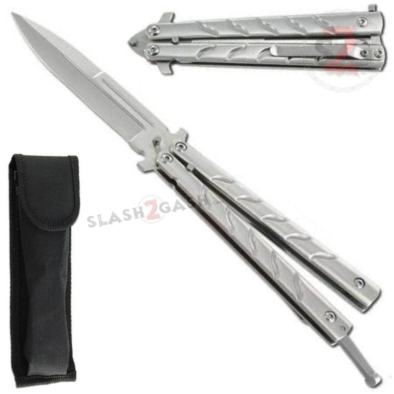 Twist Butterfly Knife w/ Clip - Silver Spear Point Knife-Balisong - Tophatter Daily Deals