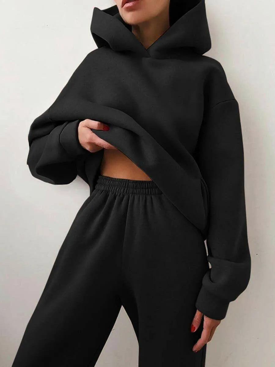 Two-Piece Hooded Tracksuit "Chicmatchy™" Black Outfit Sets - Tophatter Daily Deals
