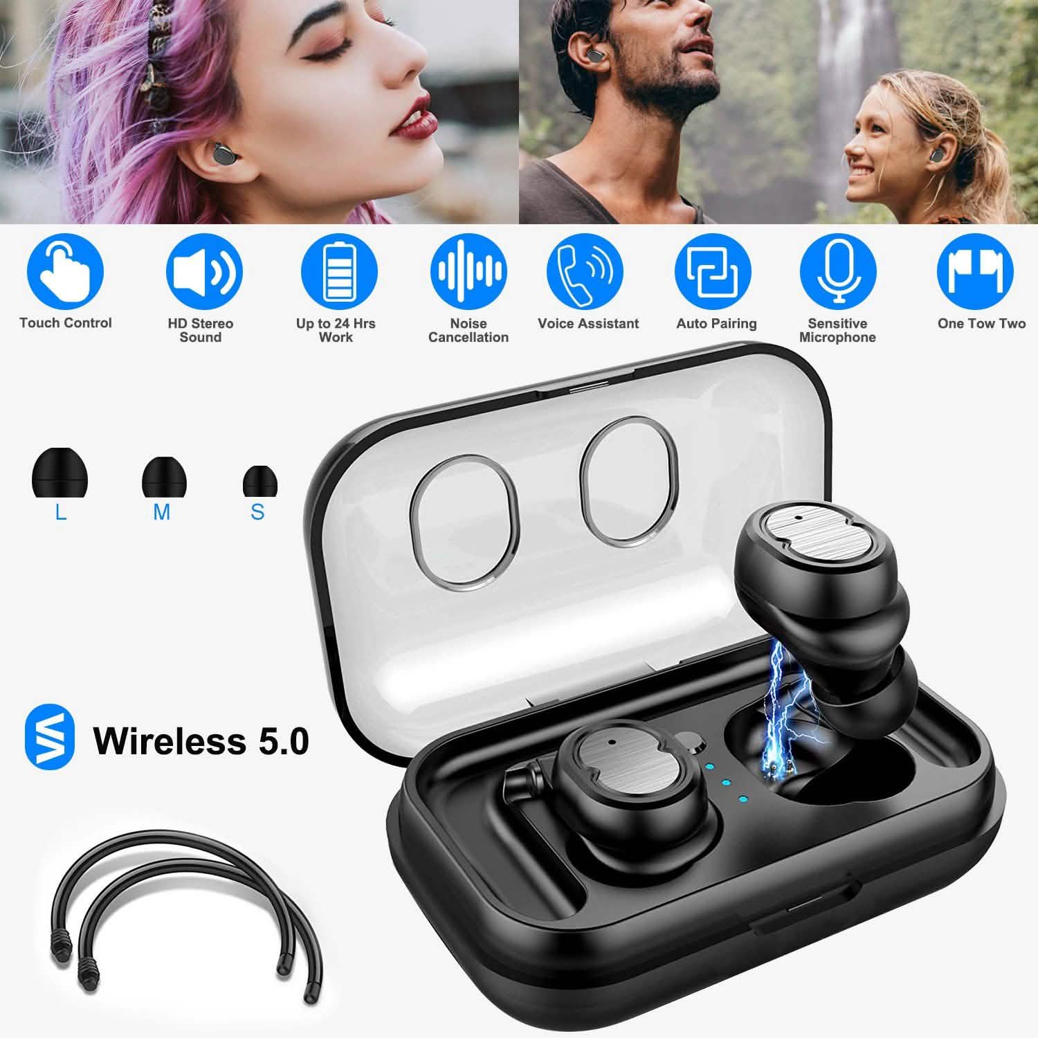 TWS Wireless 5.0 Earbuds IPX4 Touch In-Ear Stereo Earphone Headphones - Tophatter Daily Deals
