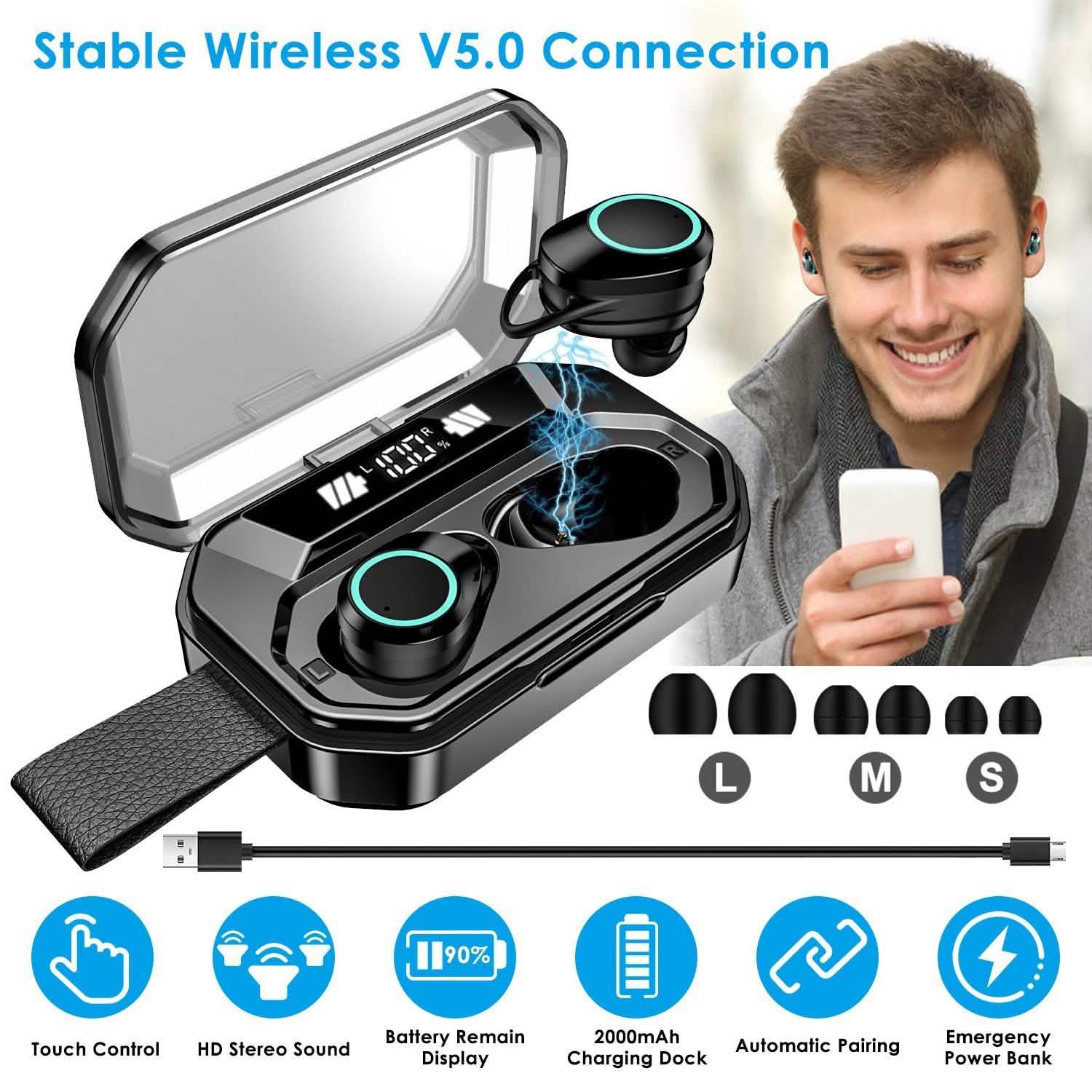 TWS Wireless 5.0 Earbuds Touch In-Ear Stereo Headsets Headphones - Tophatter Daily Deals