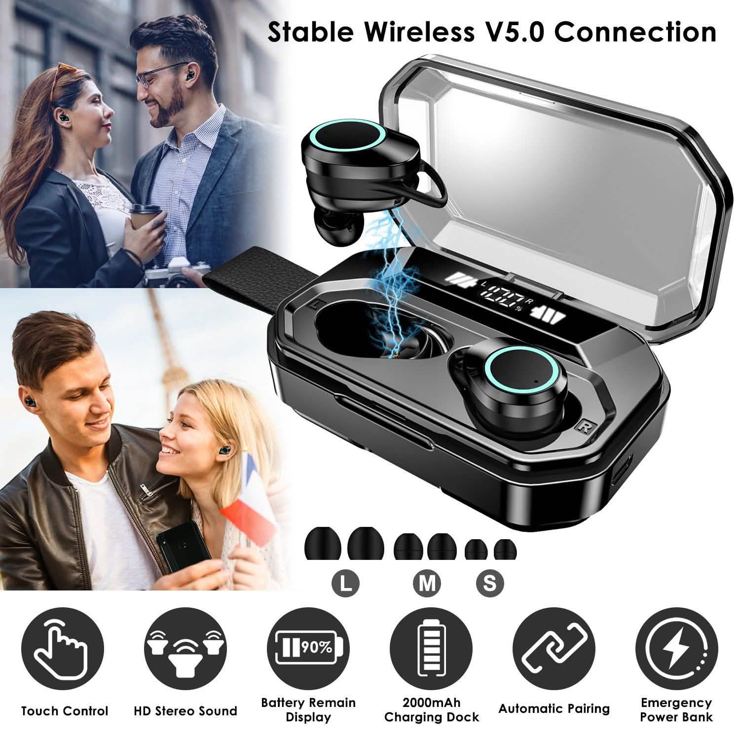 TWS Wireless 5.0 Earbuds Touch In-Ear Stereo Headsets Headphones - Tophatter Daily Deals