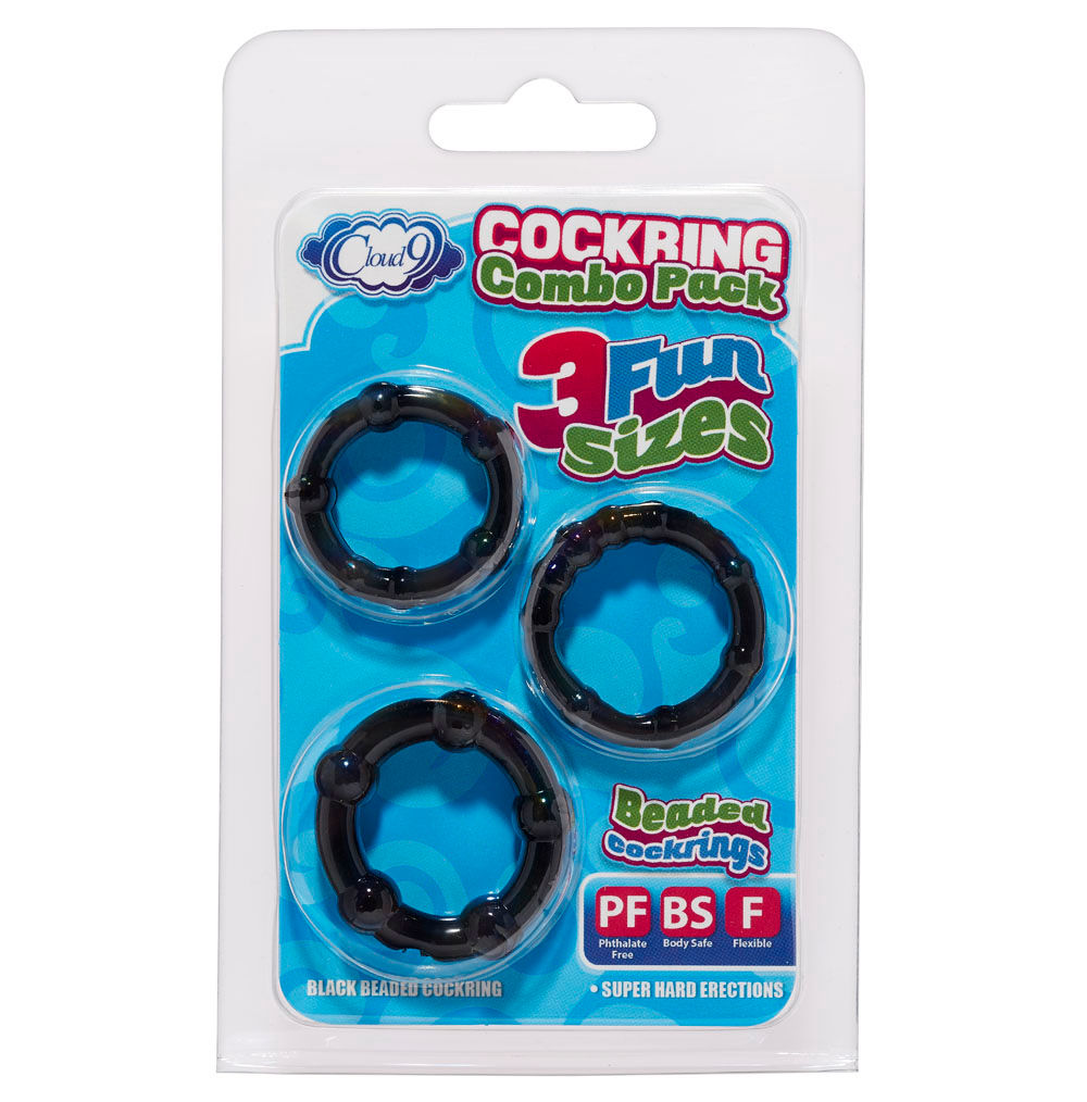 Cloud 9 Novelties Super Stretch Beaded Cock Ring Combo Pack (Black) – Skin Safe Cock Rings > Cock Ring > Sets - Tophatter Daily Deals