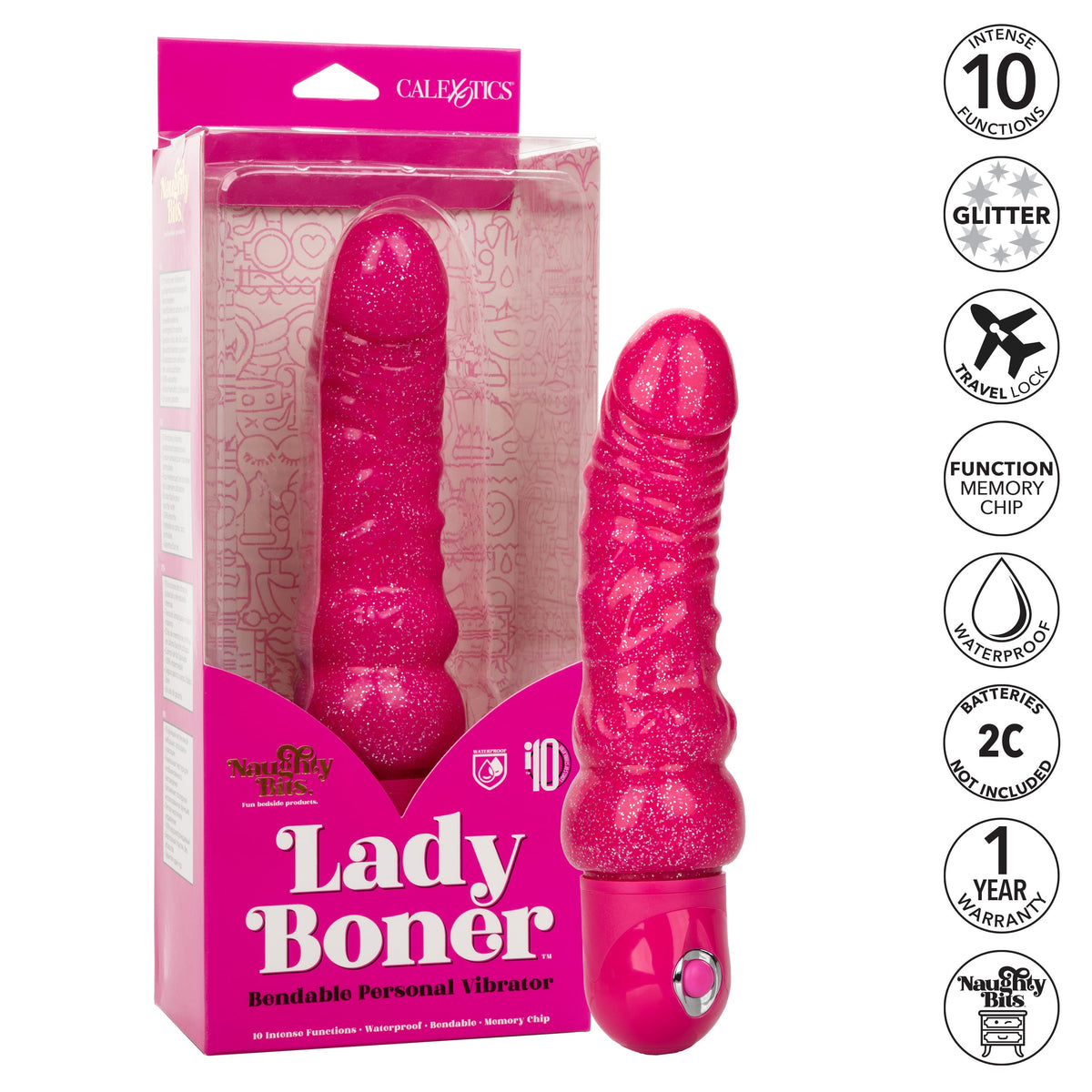 Naughty Bits Lady Boner Bendable Personal Vibrator Pink Glitter 10 Function Waterproof > Vibrators > Realistic Vibrators - Tophatter Daily Deals