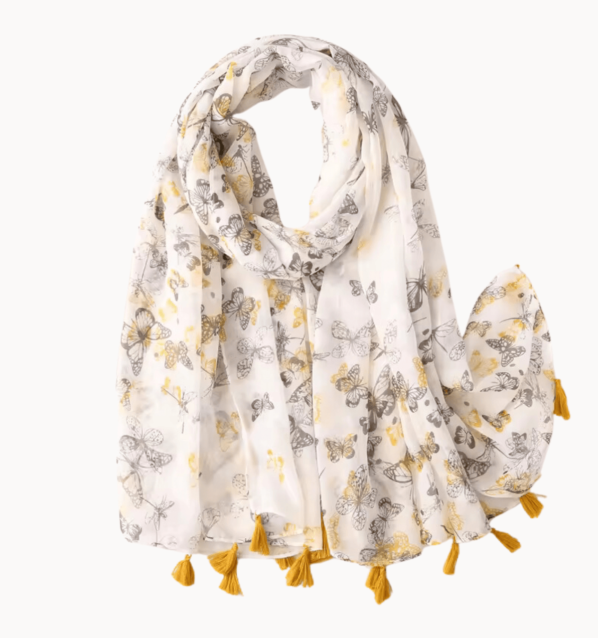 Grey and Yellow Butterfly Scarf with Tassels Multi Scarves - Tophatter Daily Deals