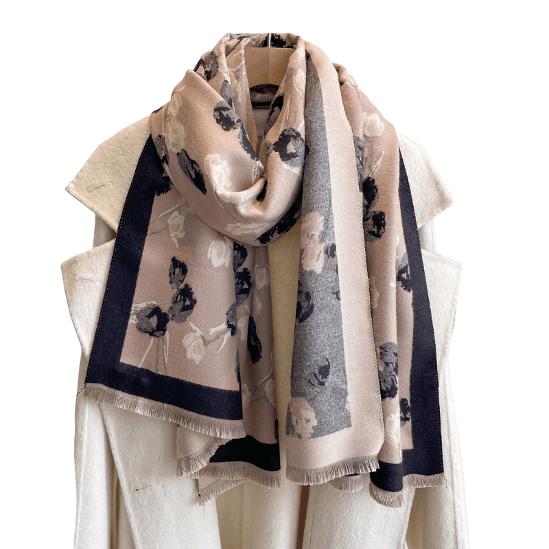 Beige & Black Elegant Floral Branch Fringe-Trimmed Scarf Multi Scarves - Tophatter Daily Deals