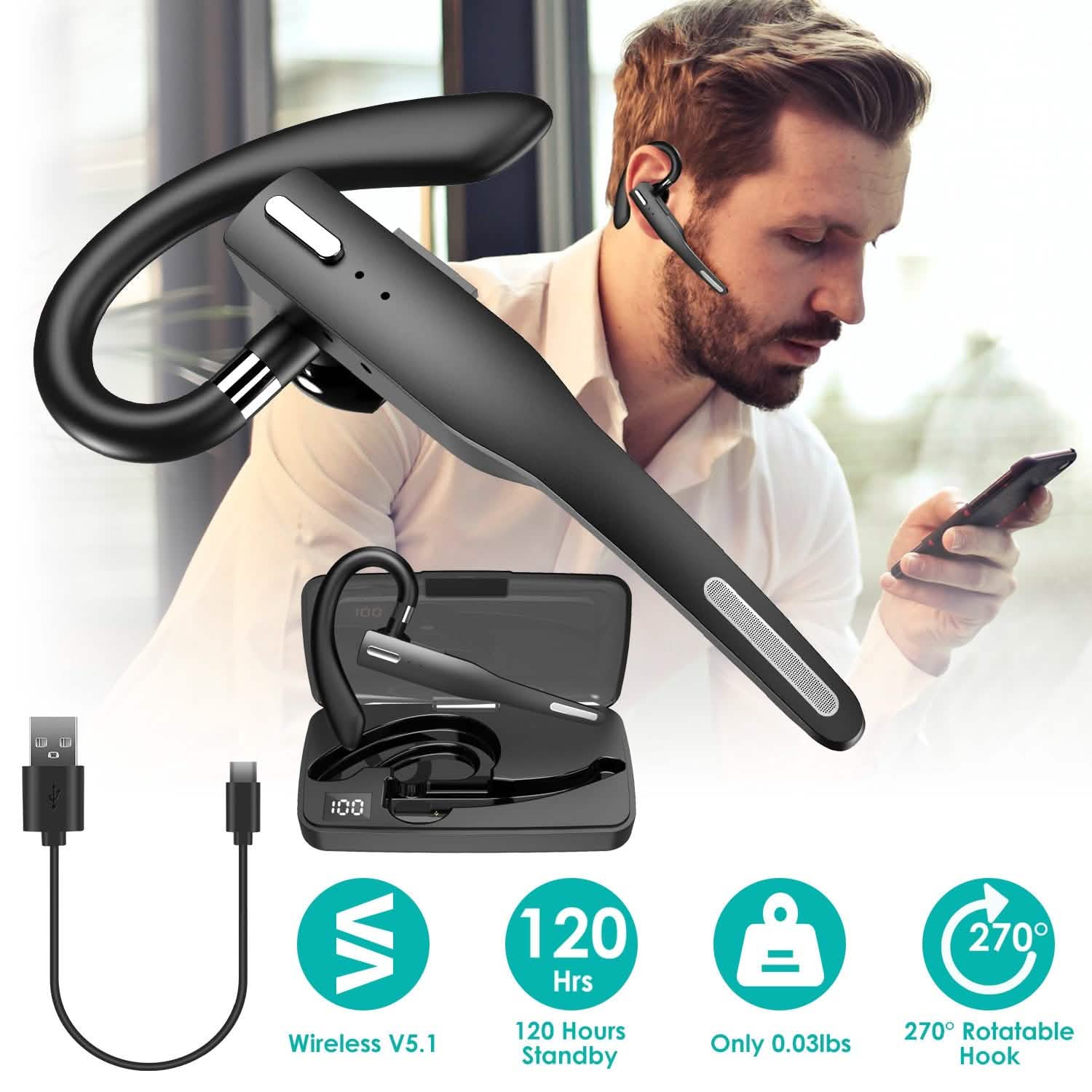 Unilateral Wireless V5.1 Business Earpiece with Charging Case Mobile Accessories - Tophatter Daily Deals