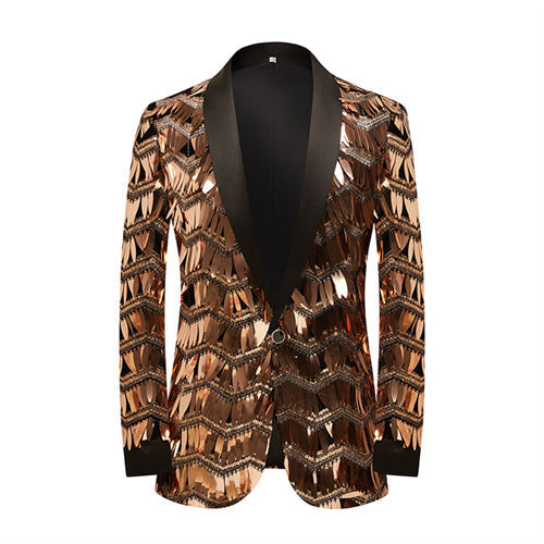 Unique Design Striped Sequin Host Stage Suit Bar Jacket Brown Men Blazer - Tophatter Daily Deals