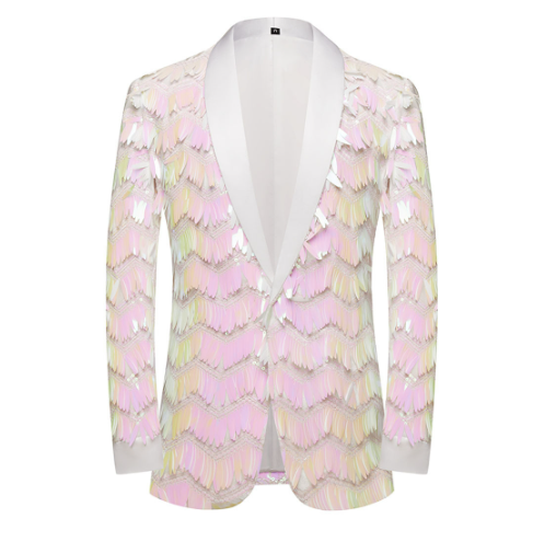 Unique Design Striped Sequin Host Stage Suit Bar Jacket Apricot Men Blazer - Tophatter Daily Deals