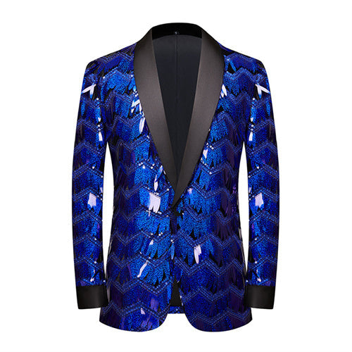 Unique Design Striped Sequin Host Stage Suit Bar Jacket Navy Blue Men Blazer - Tophatter Daily Deals