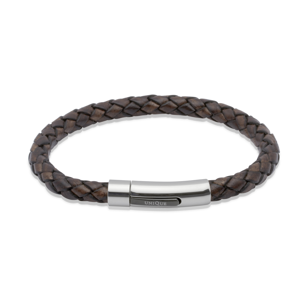 Unique Leather Bracelets Anti.Darkbrown Leatherbr. Steel Clasp Black Jewllery - Tophatter Daily Deals