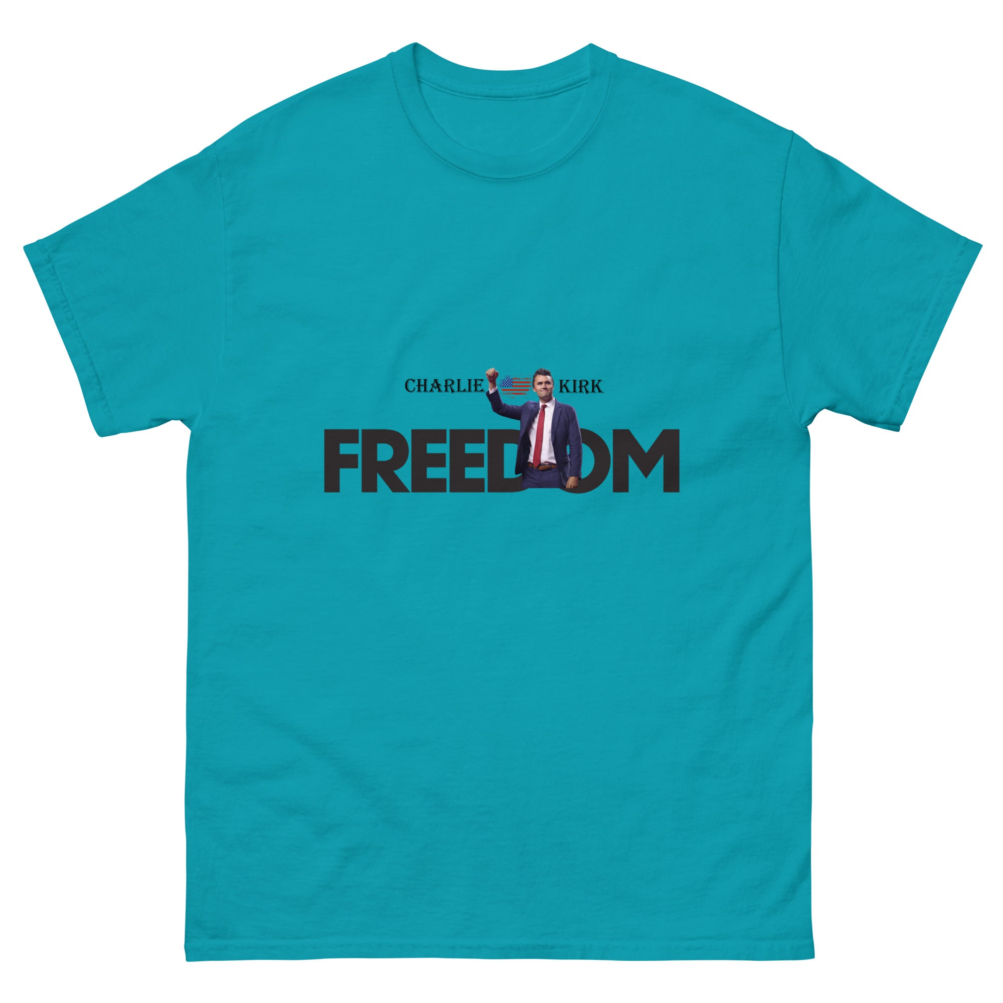 Charlie Kirk FREEDOM Shirt, RIP Memorial American Flag T-Shirt Tropical Blue T-Shirt - Tophatter Daily Deals