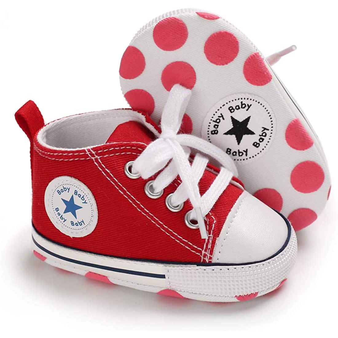 Unisex High Top Sneaker Soft Anti-Slip Sole Newborn Infant Denim Shoes Red Baby Gear - Tophatter Daily Deals