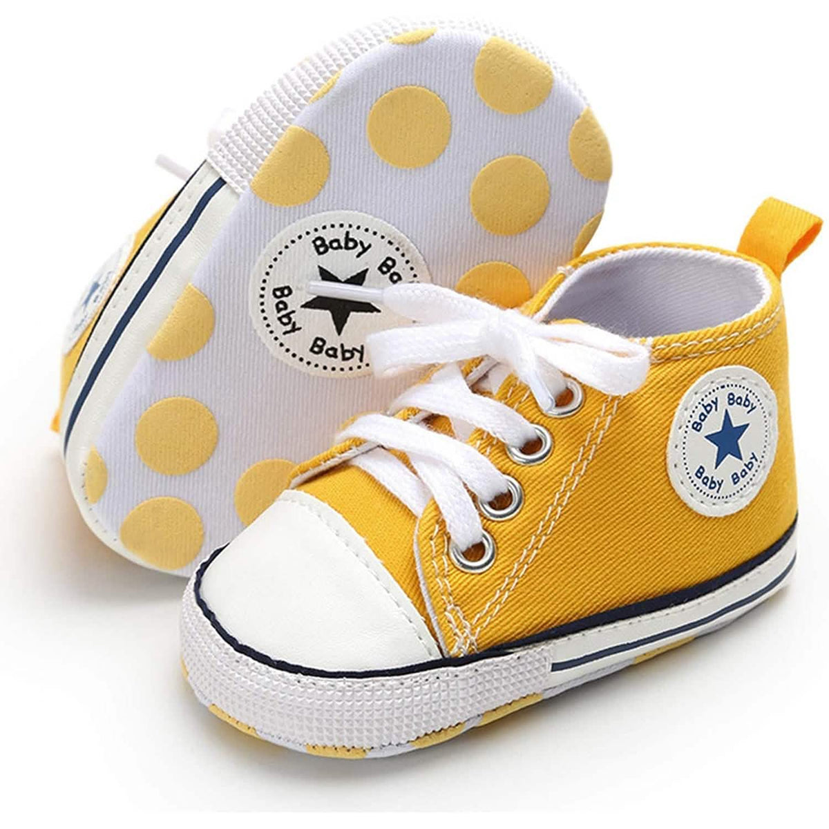 Unisex High Top Sneaker Soft Anti-Slip Sole Newborn Infant Denim Shoes Yellow Baby Gear - Tophatter Daily Deals