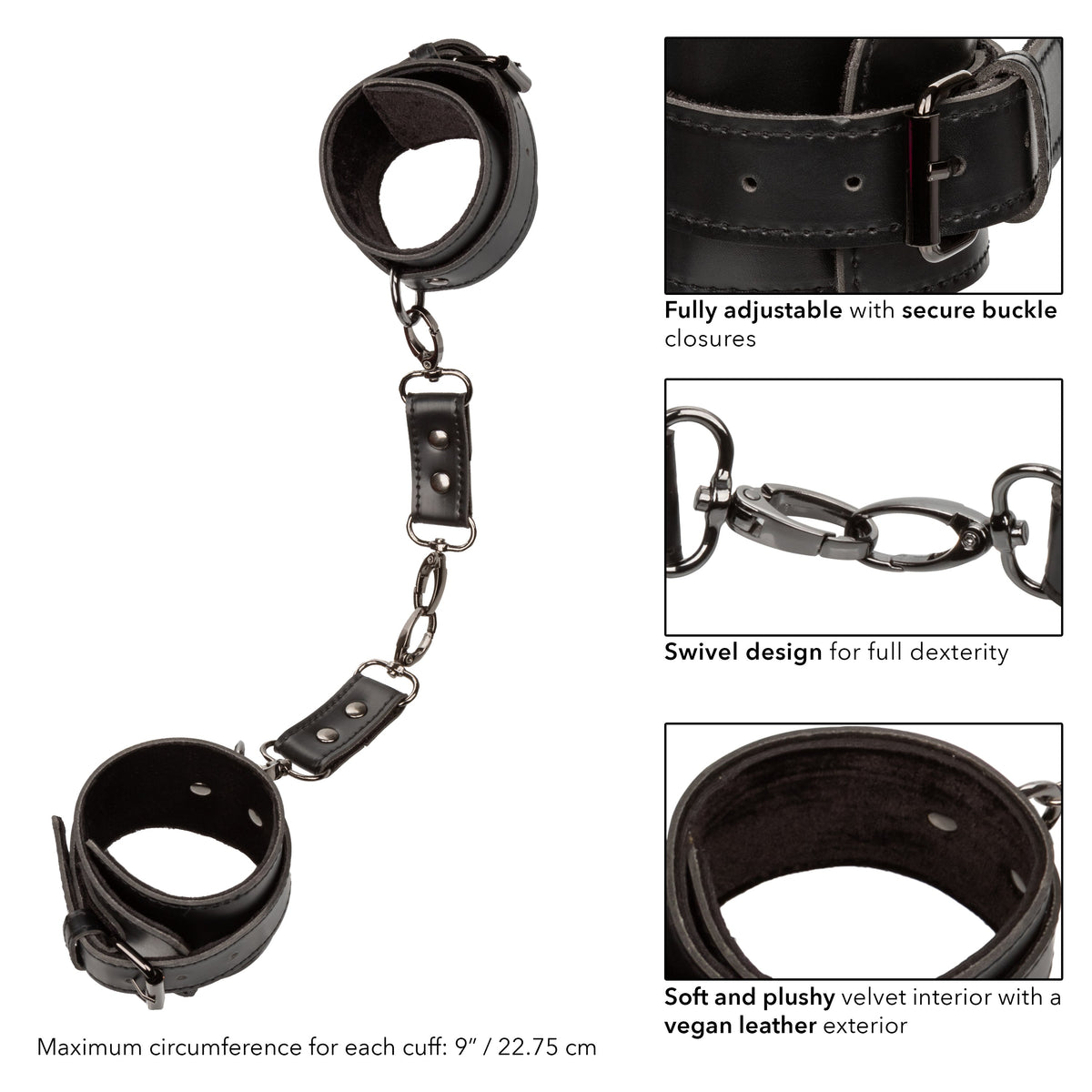 Euphoria Collection Black Adjustable Hand Cuffs with Velvet Interior and Vegan Leather Exterior > Bondage Gear > Restraints - Tophatter Daily Deals