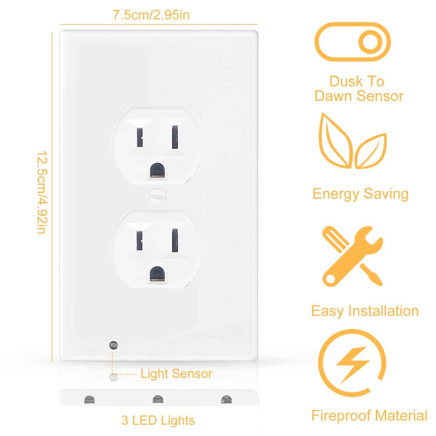 US Wall Outlet Cover Wall Plate with 3-LED Dusk To Down Sensor Night Lights Batteries & Power Accessories - Tophatter Daily Deals
