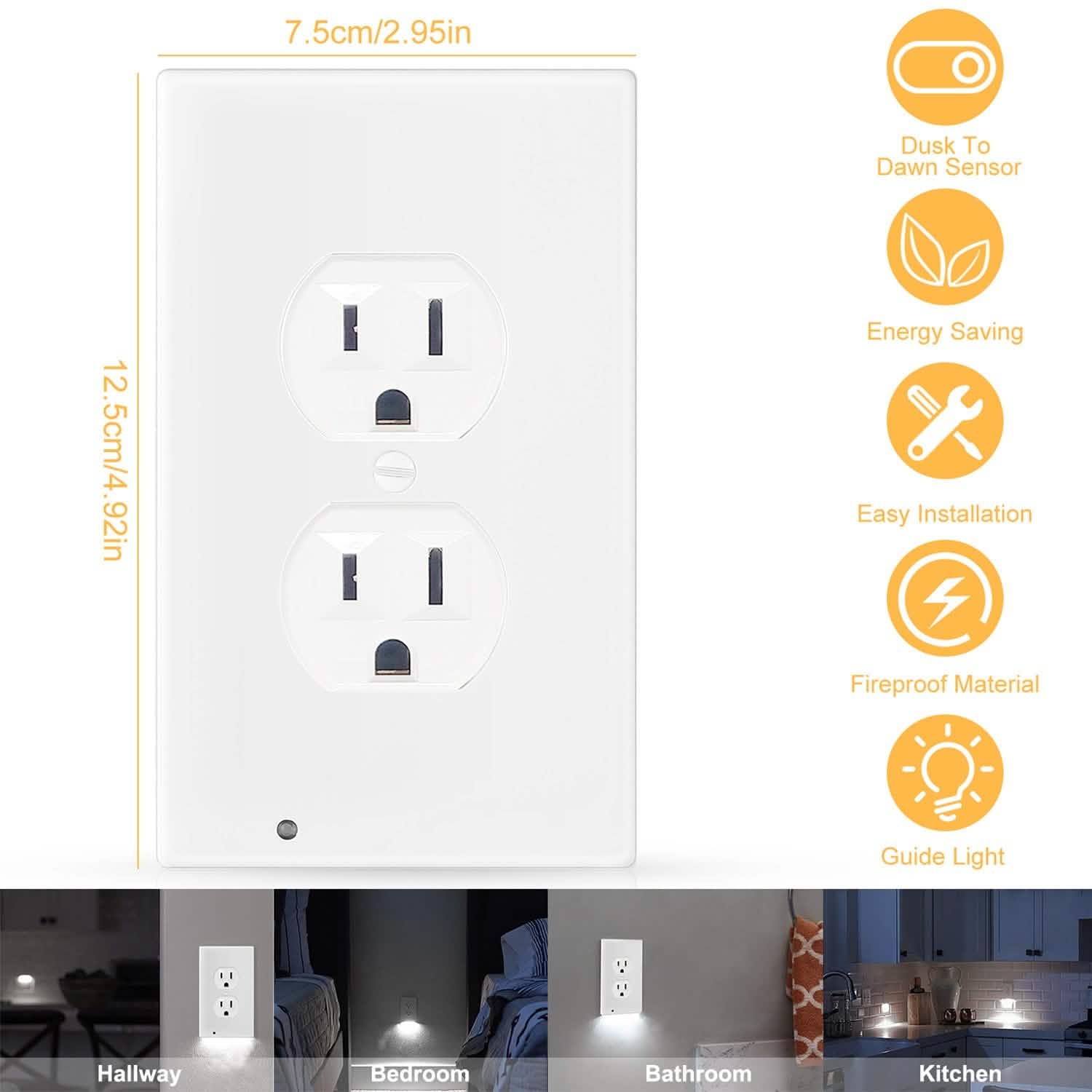 US Wall Outlet Cover Wall Plate with 3-LED Dusk To Down Sensor Night Lights Batteries & Power Accessories - Tophatter Daily Deals
