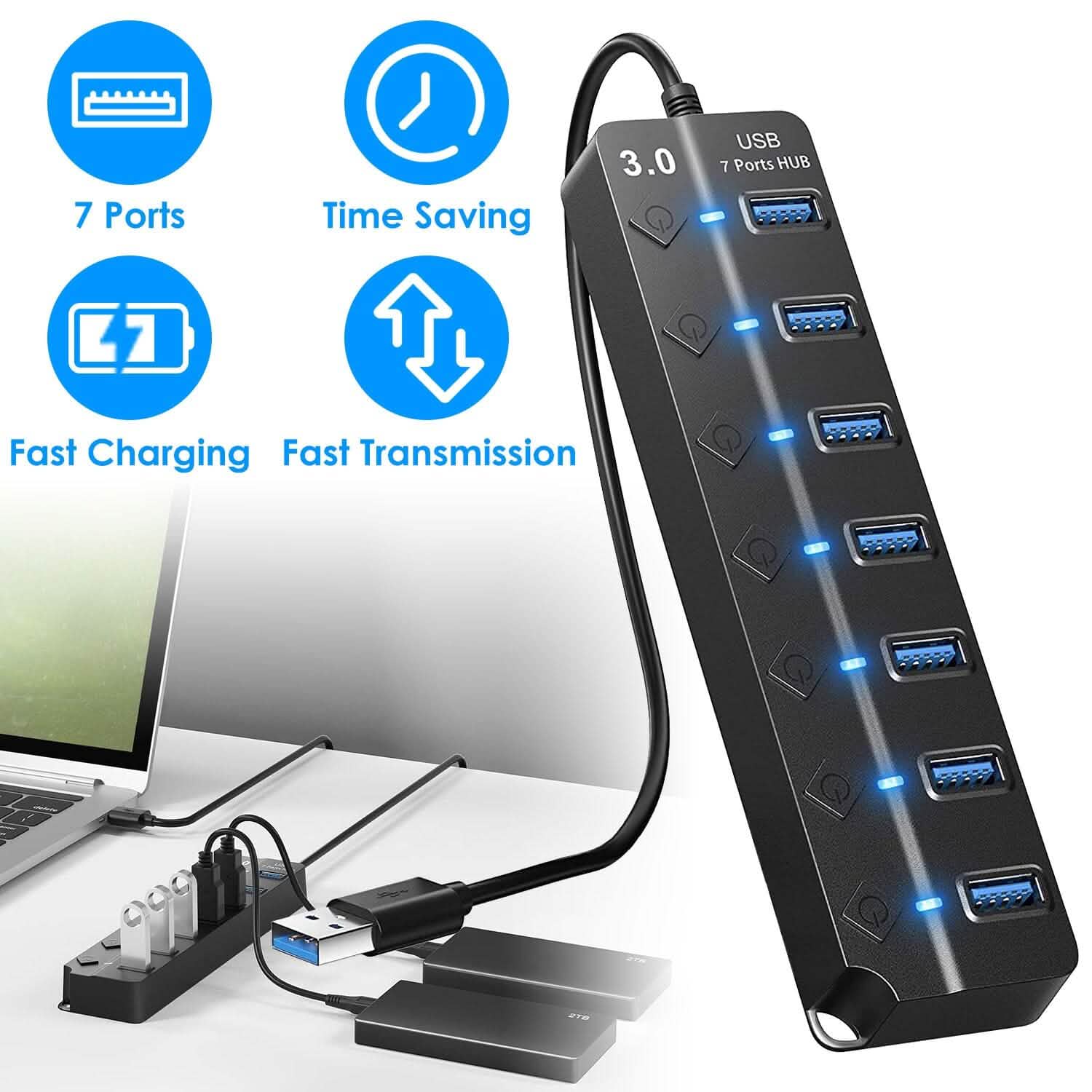 USB 3.0 HUB 7 Ports High Speed 5Gbps USB Splitter Computer Accessories - Tophatter Daily Deals