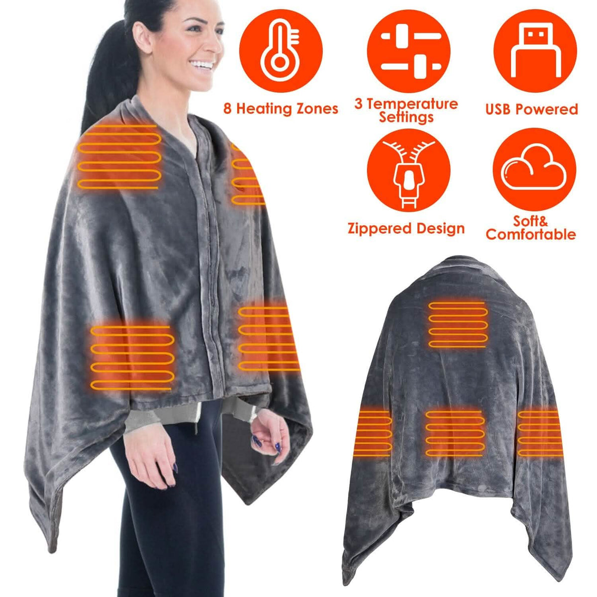 USB Heated Blanket Poncho Shawl Wrap Throw with Zipper Washable Health & Wellness - Tophatter Daily Deals