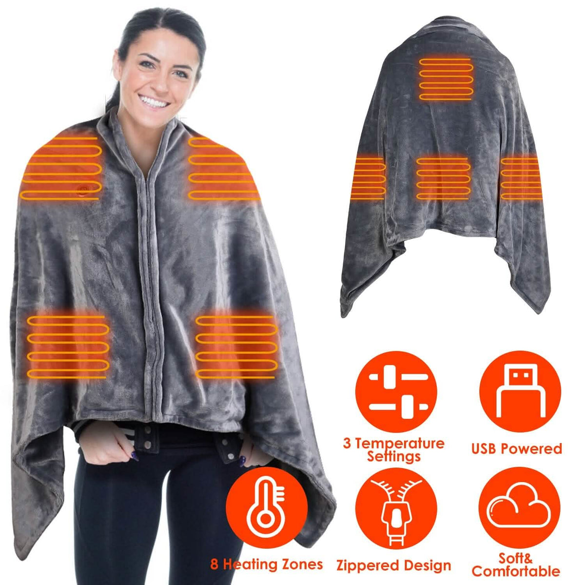 USB Heated Blanket Poncho Shawl Wrap Throw with Zipper Washable Health & Wellness - Tophatter Daily Deals
