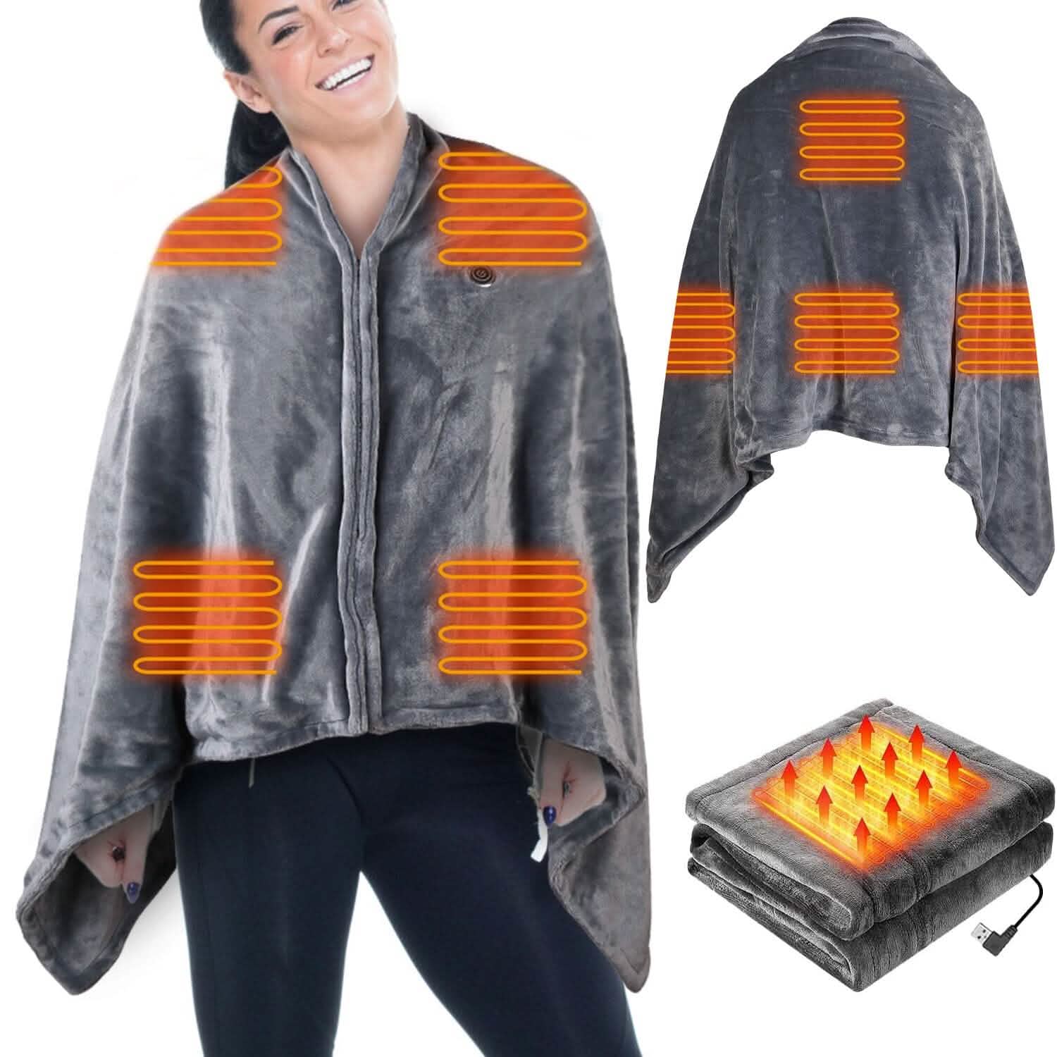 USB Heated Blanket Poncho Shawl Wrap Throw with Zipper Washable Health & Wellness - Tophatter Daily Deals