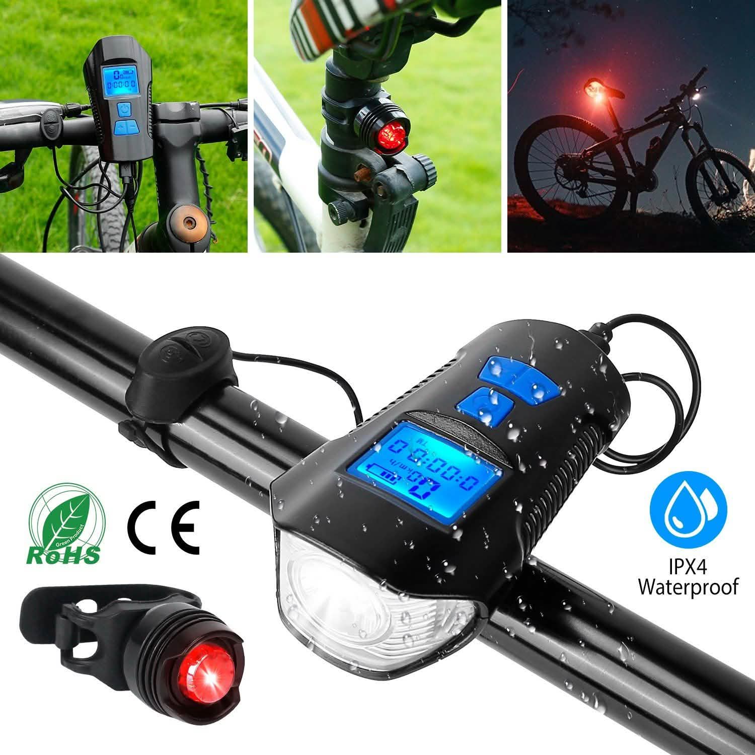 USB Rechargeable Bike Light Set with Speedometer and Odometer Outdoor Recreation - Tophatter Daily Deals