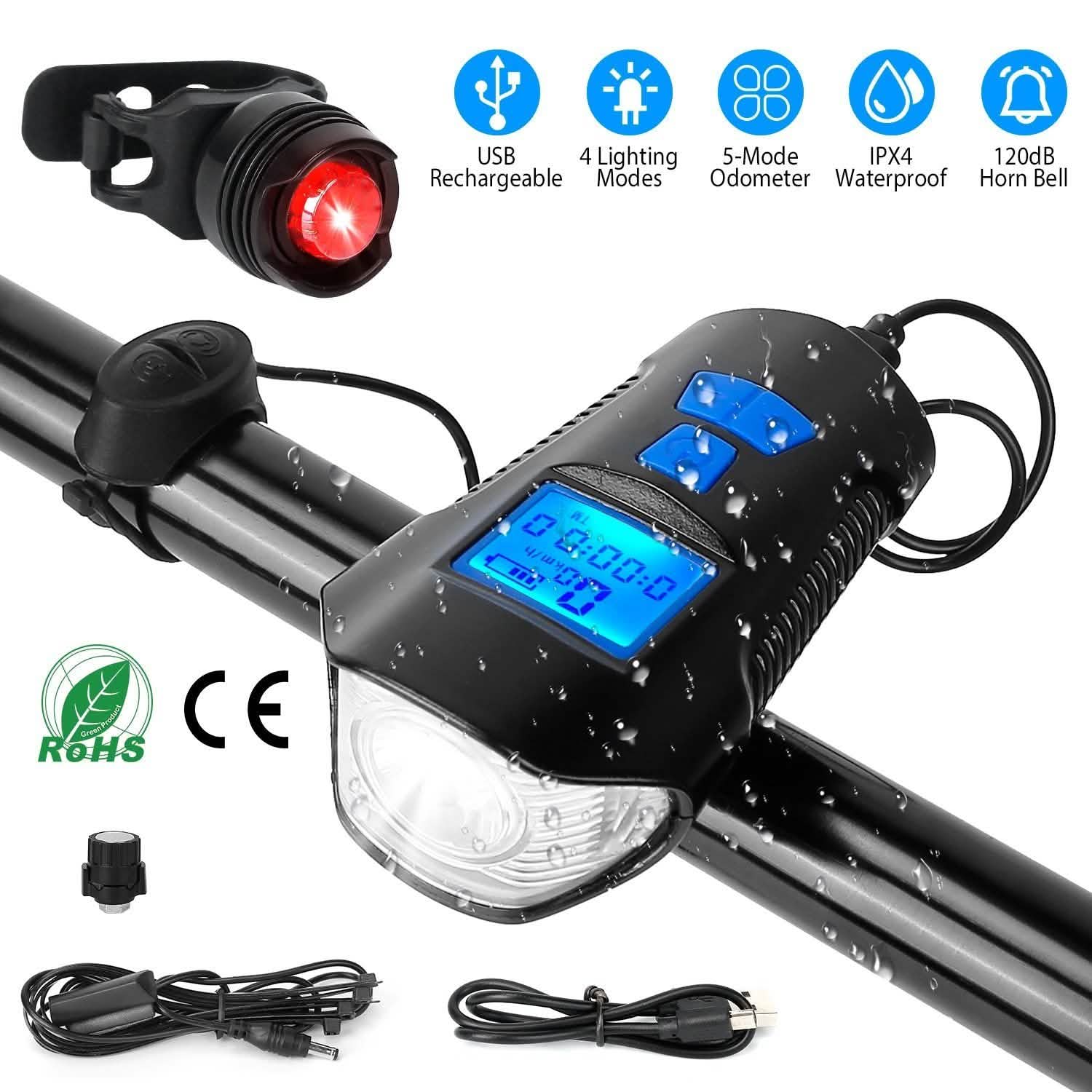 USB Rechargeable Bike Light Set with Speedometer and Odometer Outdoor Recreation - Tophatter Daily Deals