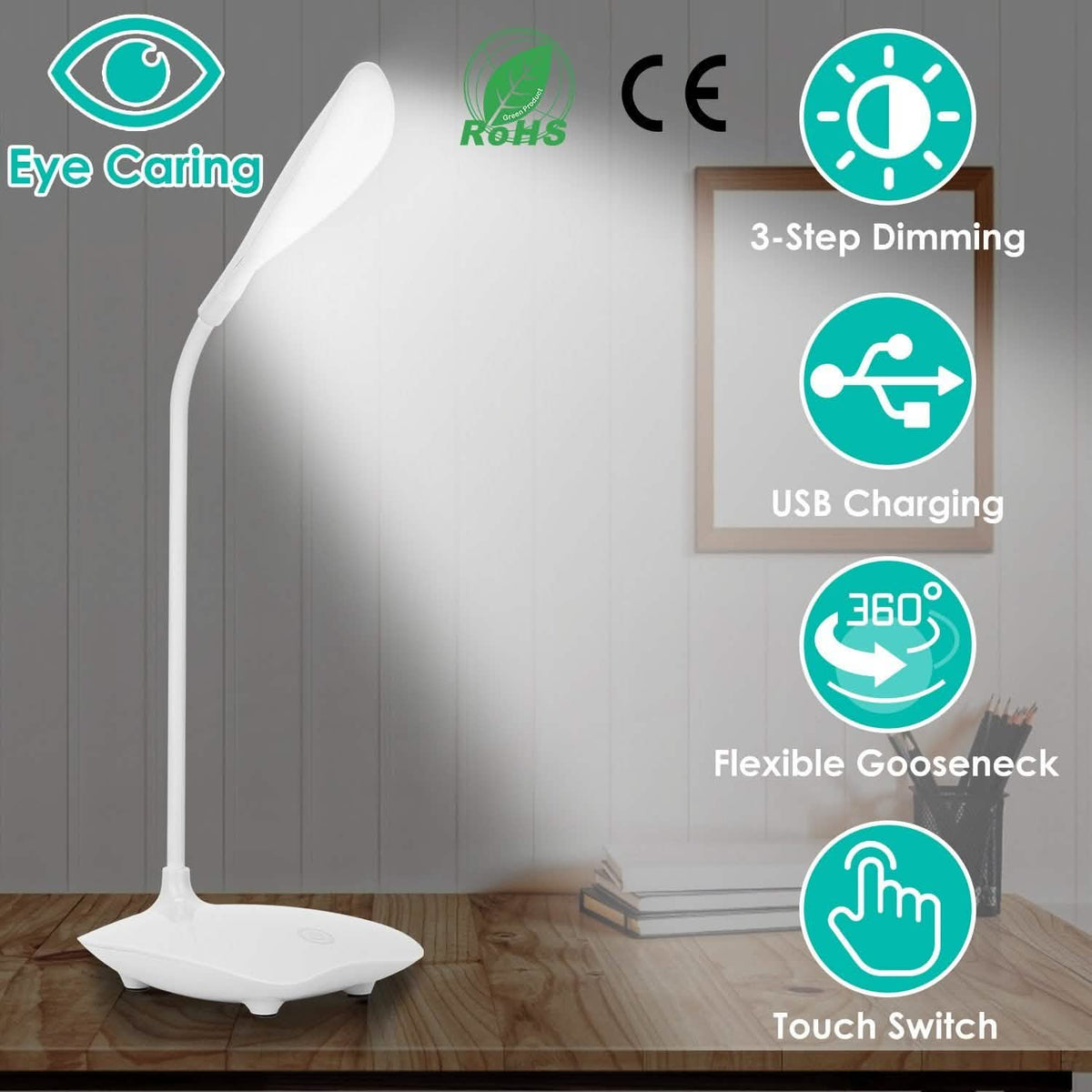 USB Rechargeable Table Lamp Dimmable LED Flexible Gooseneck Desk Light Indoor Lighting - Tophatter Daily Deals