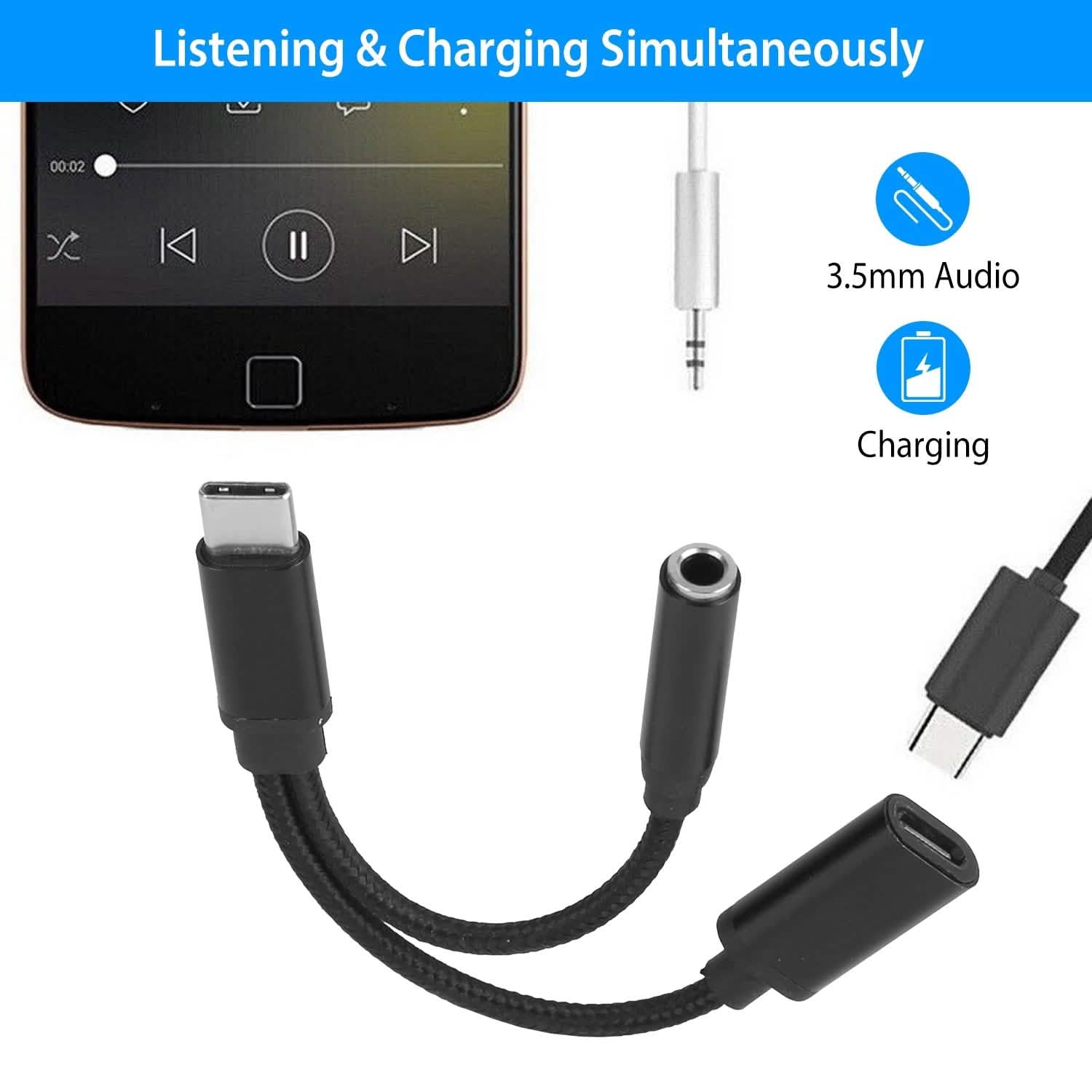 USB Type-C to 3.5mm Aux Audio Charging Adapter Braided Headphone Jack Splitter Cable Mobile Accessories - Tophatter Daily Deals