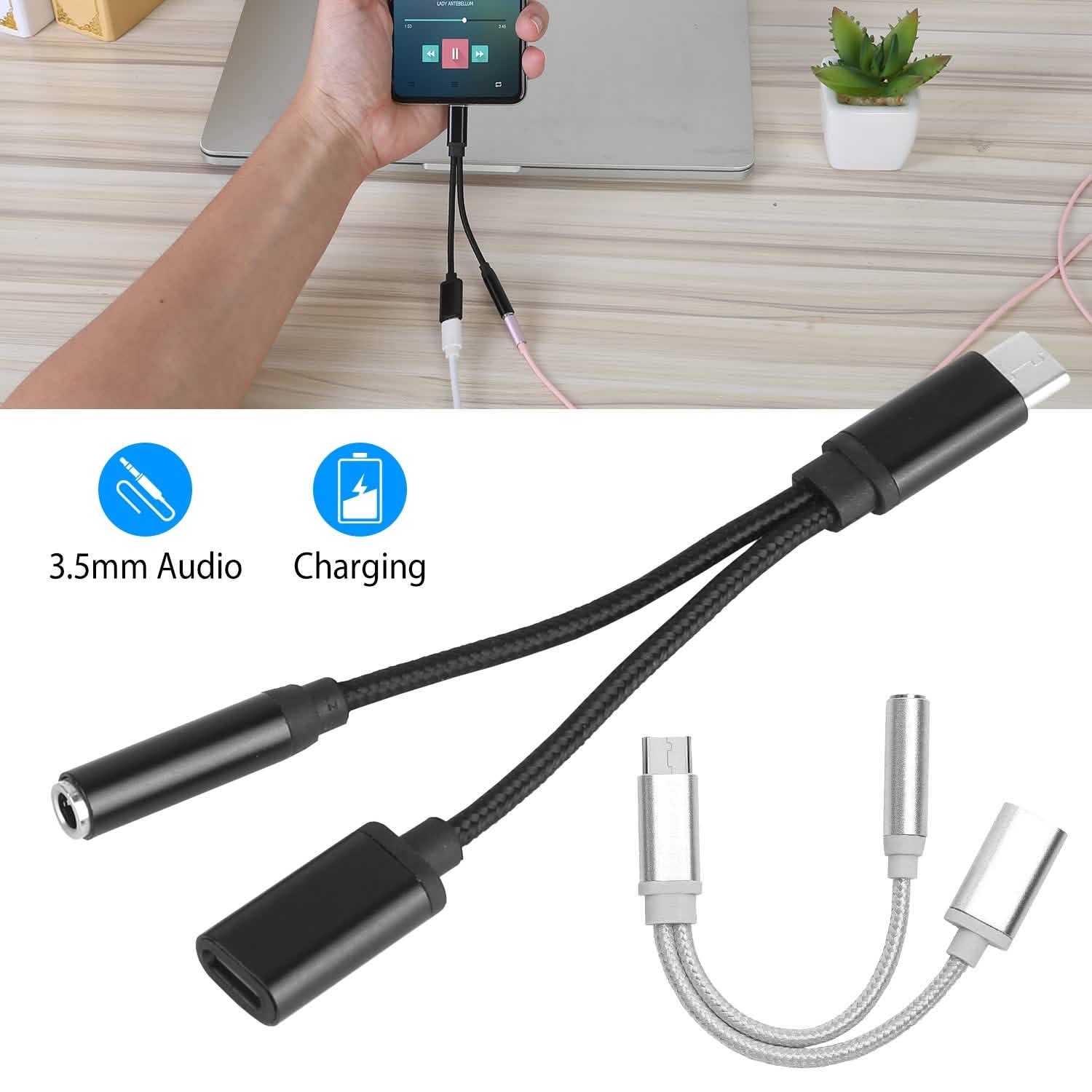 USB Type-C to 3.5mm Aux Audio Charging Adapter Braided Headphone Jack Splitter Cable Mobile Accessories - Tophatter Daily Deals