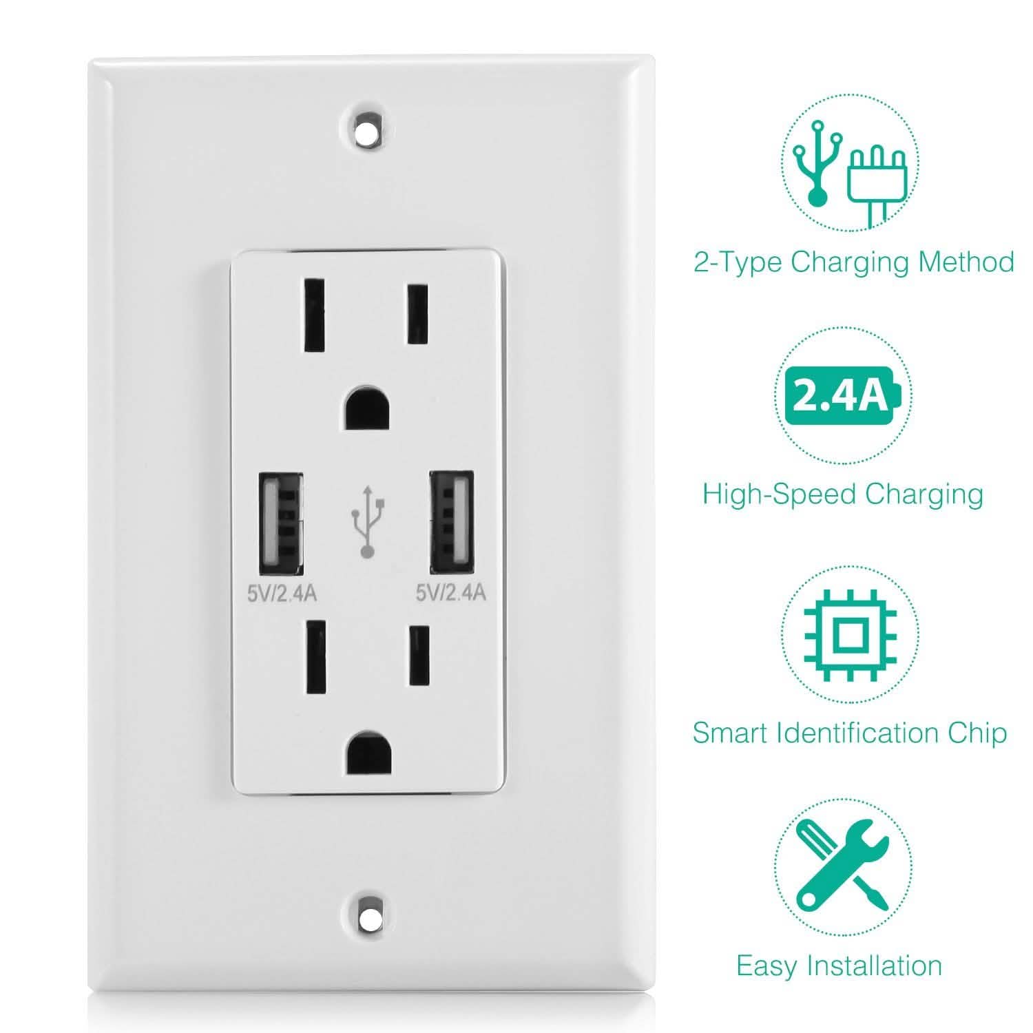 USB Wall Outlet Dual 2.4A USB Wall Charger Batteries & Power Accessories - Tophatter Daily Deals